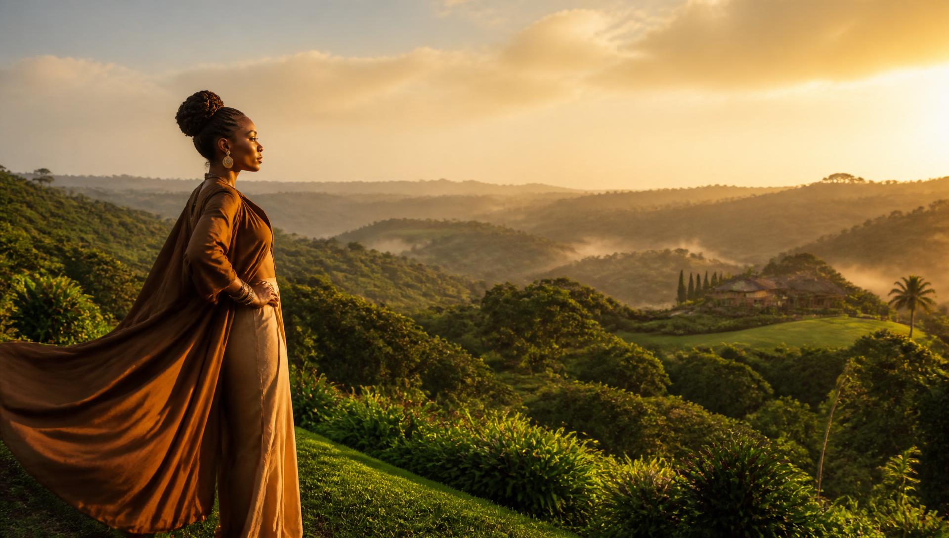 Confident woman standing on rolling green land at sunrise, contemplating her legacy